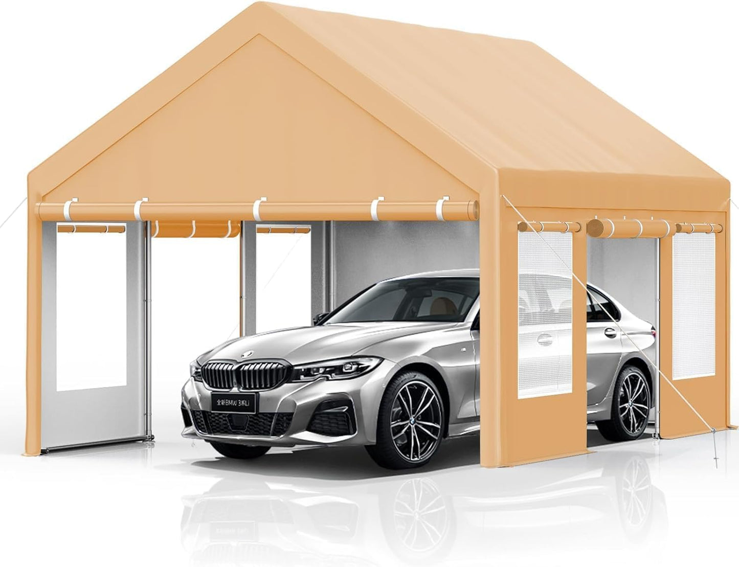 13x20 FT Heavy Duty Carport, Oversized Portable Garage with 4 Doors & 4 Windows, Reinforced Frame, All Weather Protection Outdoor Shelter Canopy for Cars, Boats, Trucks, BBQ and Outdoor Gatherings