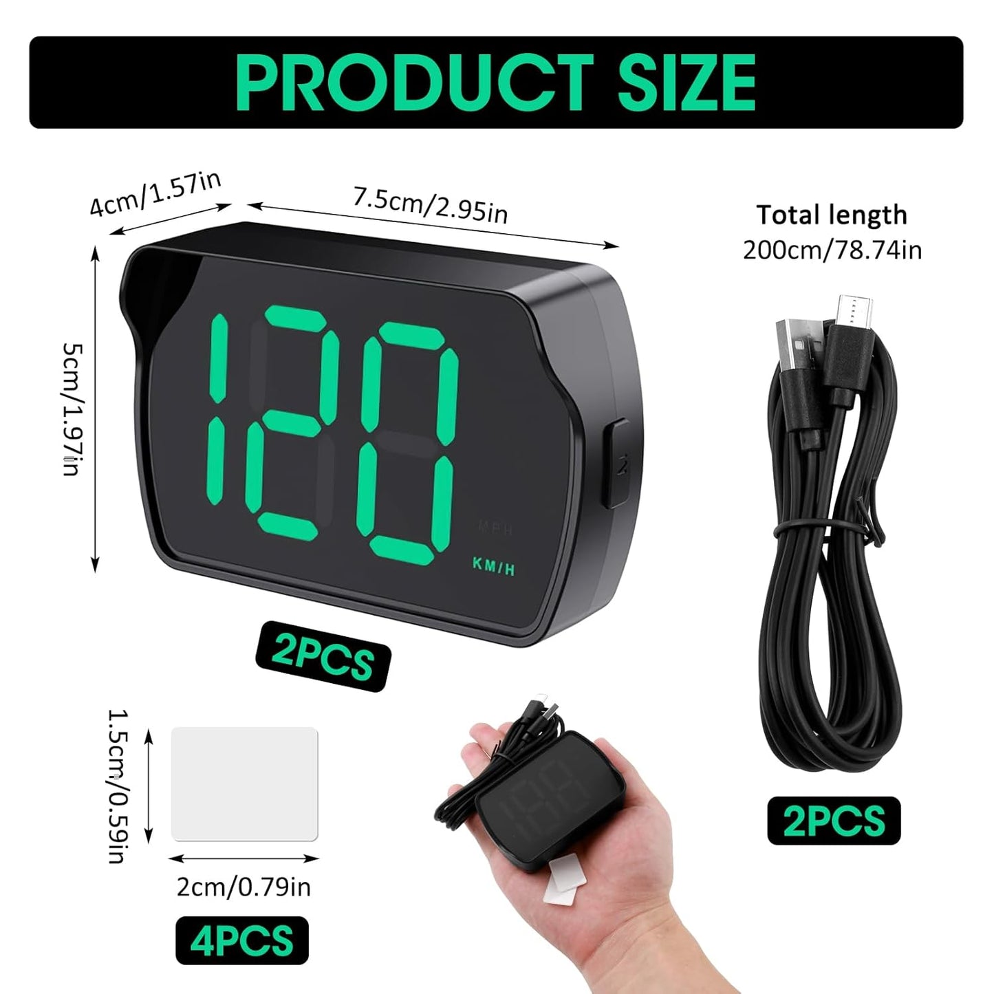 2 Pack GPS Digital Speedometer for Car MPH, Universal HUD Speed Meter with LED Large Font Head Up Display Car Accessories with USB Cable, Plug Play for Truck Motor SUV Golf Cart All Vehicles