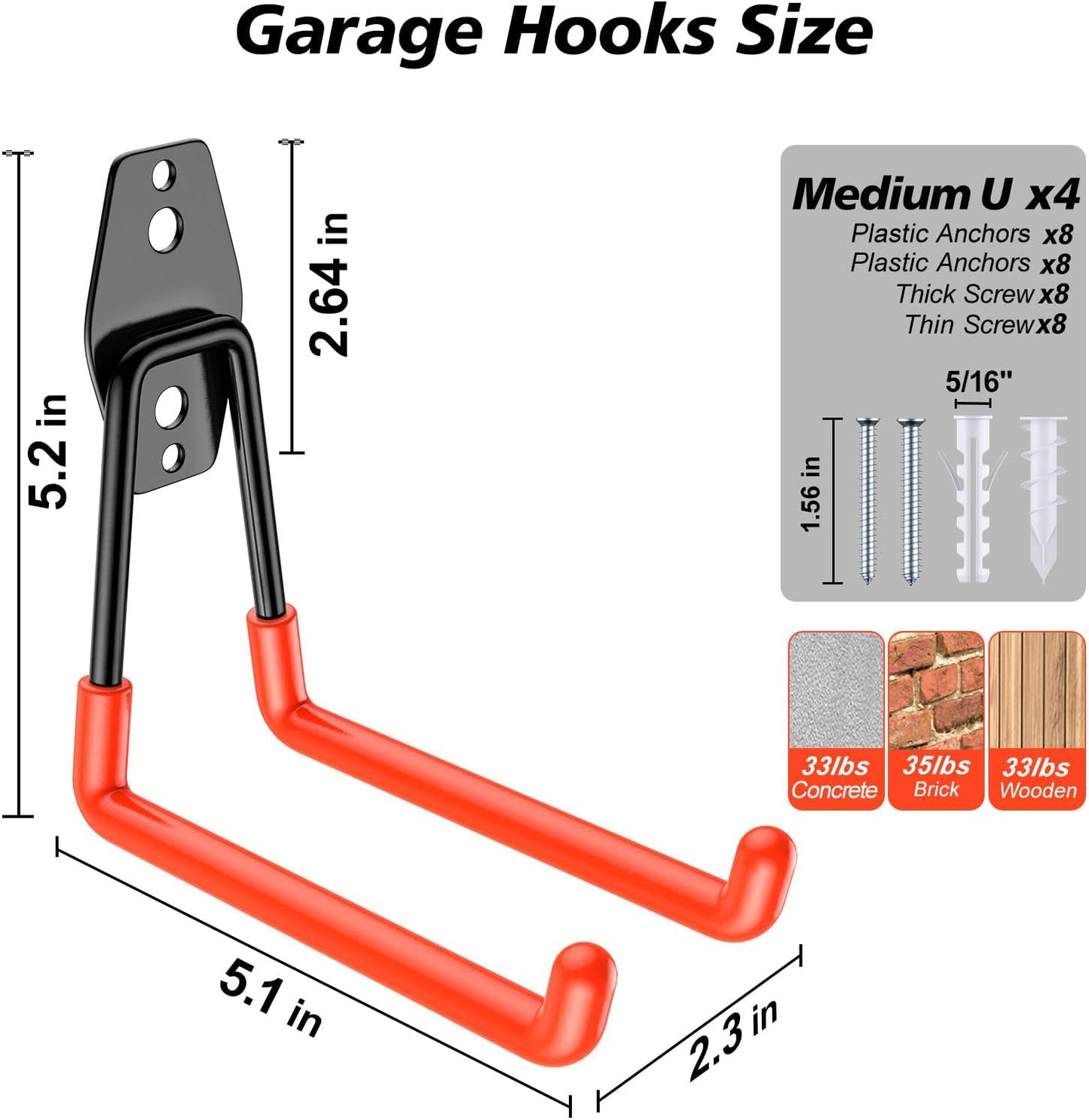 4 Pack 5.2x5.1 inch U Heavy Duty Garage Hooks,Solid Steel Wall Mount Hangers,with Anti-Slip Coating,for Hanging and Organising Ladder,Bike,Ropes,Broom,Garden,Yard and Power Tools