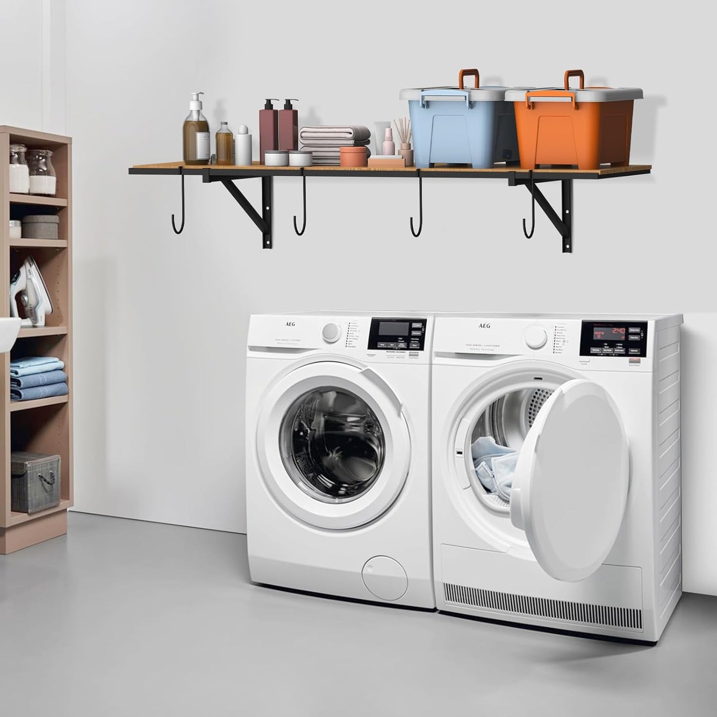 PEKGRIL Garage Wall Shelving Set of 2, 1.5X4 ft Garage Wall Shelves with 8 Hooks, Heavy Duty Wall Mounted Storage Shelf, Loads 260 lbs Each Metal Wall Shelf, Black