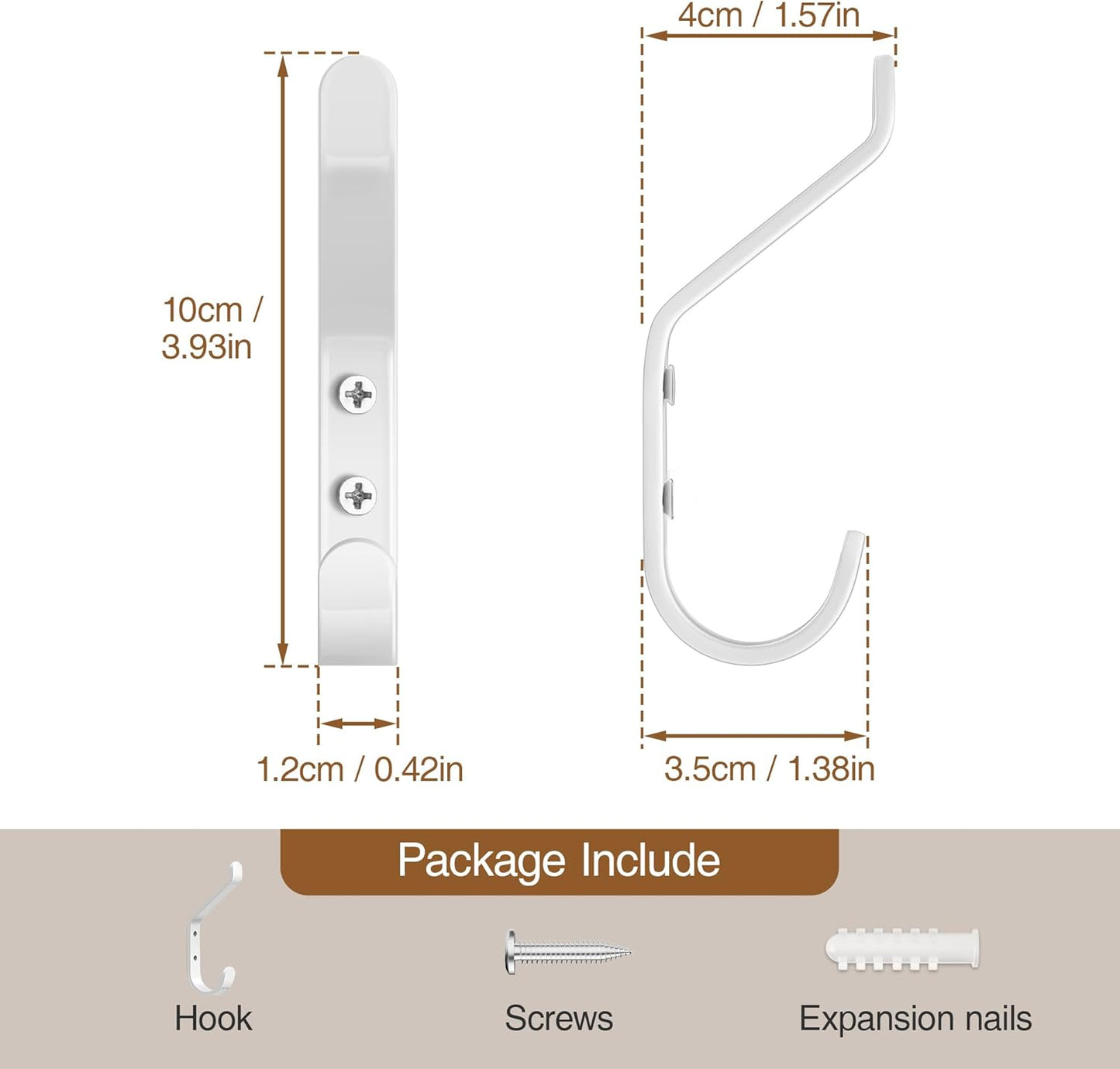 Coat Hook for Hanging, 20LB (Max), Stainless Wall Hooks for Towel, Hat, Backpack, Key, Clothes, Wall Mounted Coat Hanger for Closet, Metal, White, 4 Pack