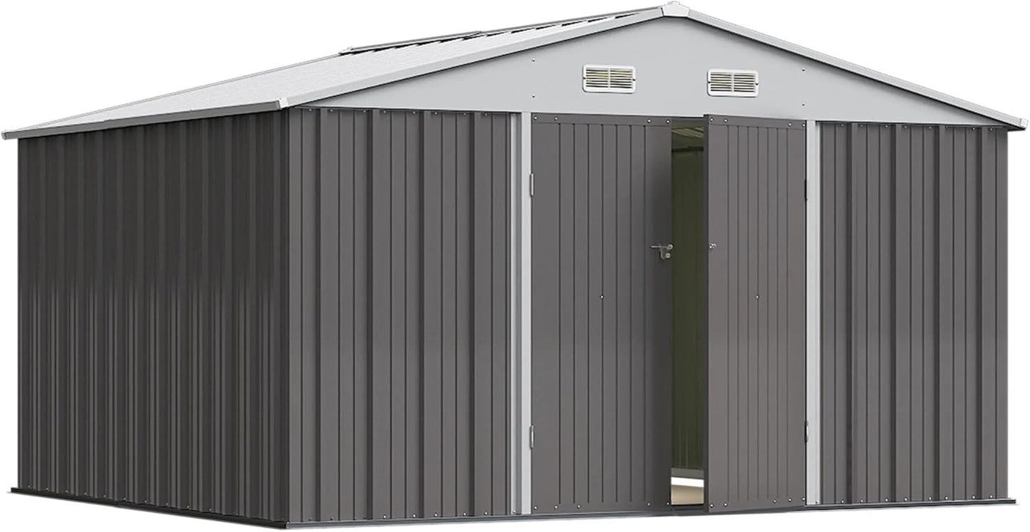 Greesum 10×8FT Outdoor Storage Shed, Metal Patio Storaged Sheds with Lockable Doors, Sheds & Outdoor Storage for Bike, Backyard, Pool and Garden, Gray