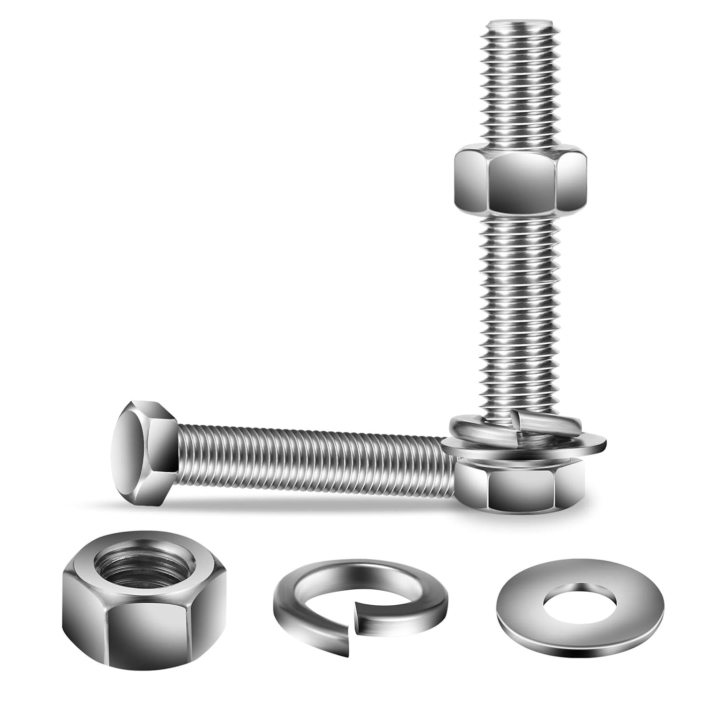 1/4-20 x 4" Hex Head Screw Bolt, Nuts, Flat & Lock Washers, 10Pcs 18-8 (304) Stainless Steel, Fully Threaded, by SG TZH