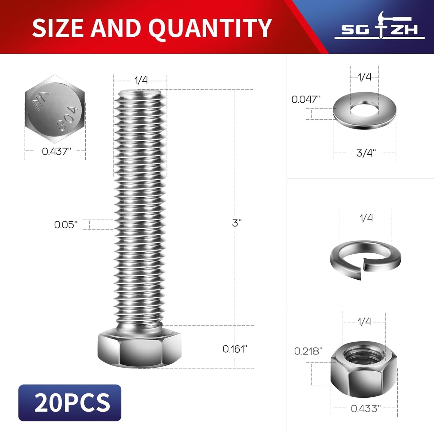 1/4-20 x 3" Hex Head Screw Bolt, Nuts, Flat & Lock Washers, 20Pcs 18-8 (304) Stainless Steel, Fully Threaded, by SG TZH