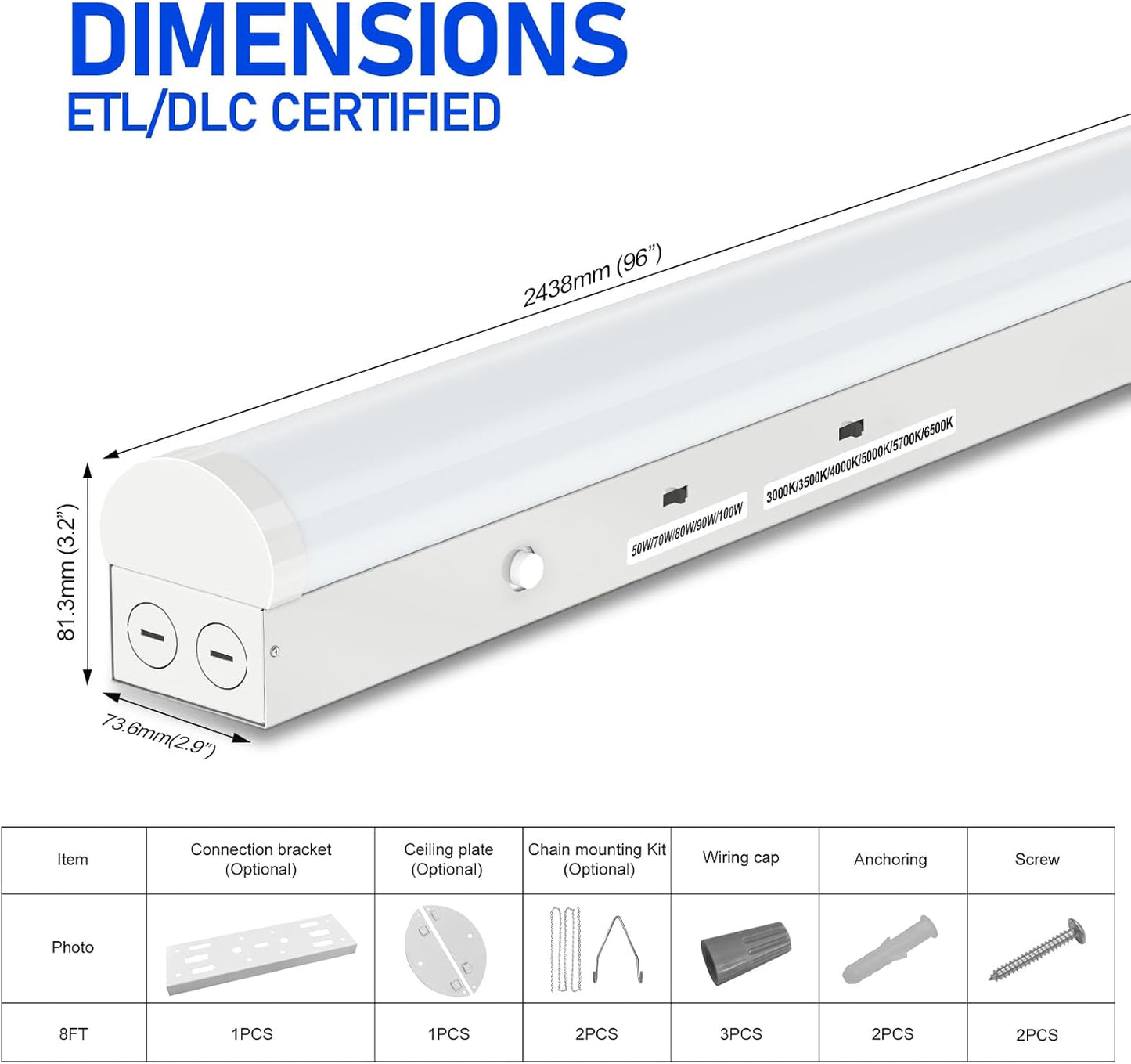 8FT LED Linear Strip Light, Super Bright 8 Foot LED Shop Lights 100W 90W 80W 70W 50W/6CCT 3000K-6500K Selectable, Flush Mount or Hanging 0-10V Dimmable Commercial Garage Ceiling Light, ETL DLC(4 Pcs)