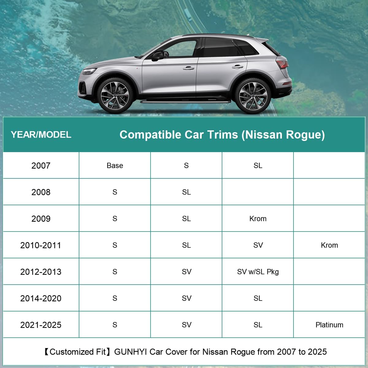 Premium Car Cover Custom Fit Nissan Rogue (2007-2025), 16 Layers Heavy Duty Car Cover Waterproof All Weather with Zipper Door for Sun Rain Snow Dust Uv Protection