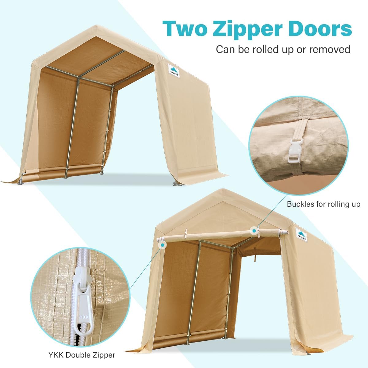 ADVANCE OUTDOOR 8x14 ft Steel Metal Peak Roof Portable Garage Shelter Storage Shed Carport for Motorcycle, Bike or Garden Tools with 2 Roll up Doors & Vents, Beige