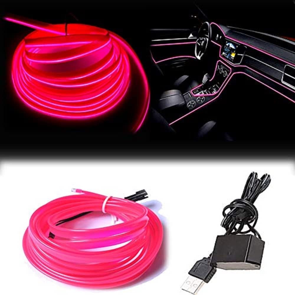 El Wire Pink Interior Car LED Strip Lights, 5M Neon Wire USB 5V with Fuse Protection for Automotive Interior Decoration, with 6mm Sewing Edge