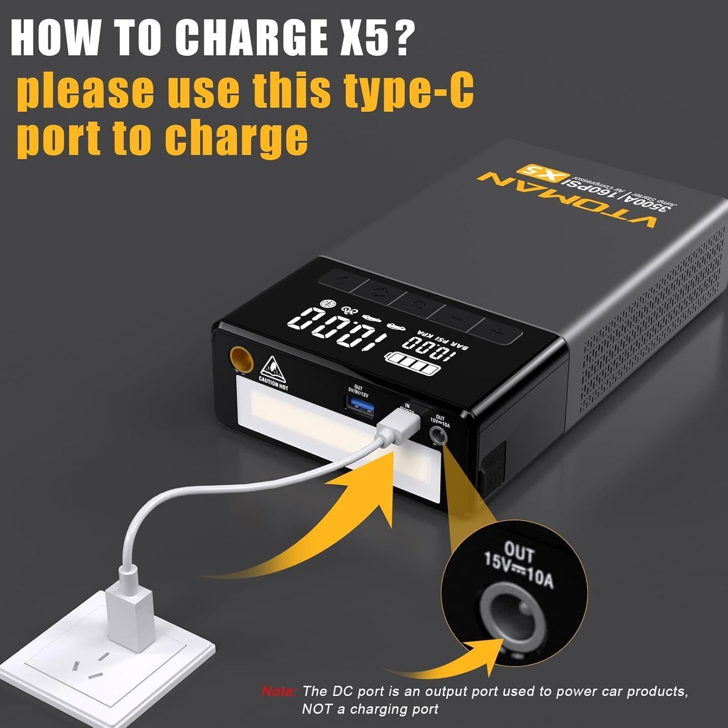 VTOMAN X5 Jump Starter with Air Compressor, 3500A Portable Car Battery Booster (Up to 9L Gas/8L Diesel Engines) with 160PSI Digital Tire Inflator, 12V Lithium Battery Jump box with Type-C Quick Charge