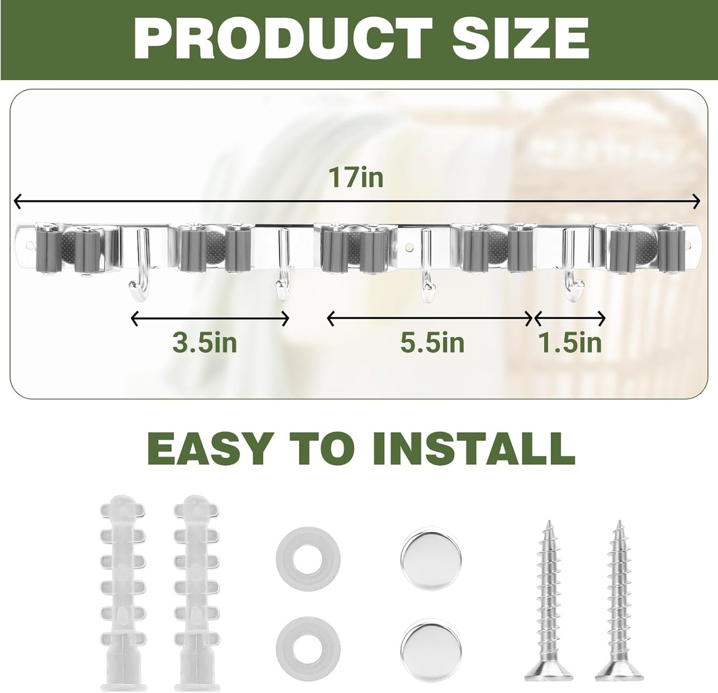 Broom Holder Wall Mount, Broom Organizer Wall Mount Stainless Steel Broom and Mop Hanger Heavy Duty Storage Organization for Home Kitchen Garden Garage Room 5 Racks 4 Hooks (2PACK)(Grey Racks)