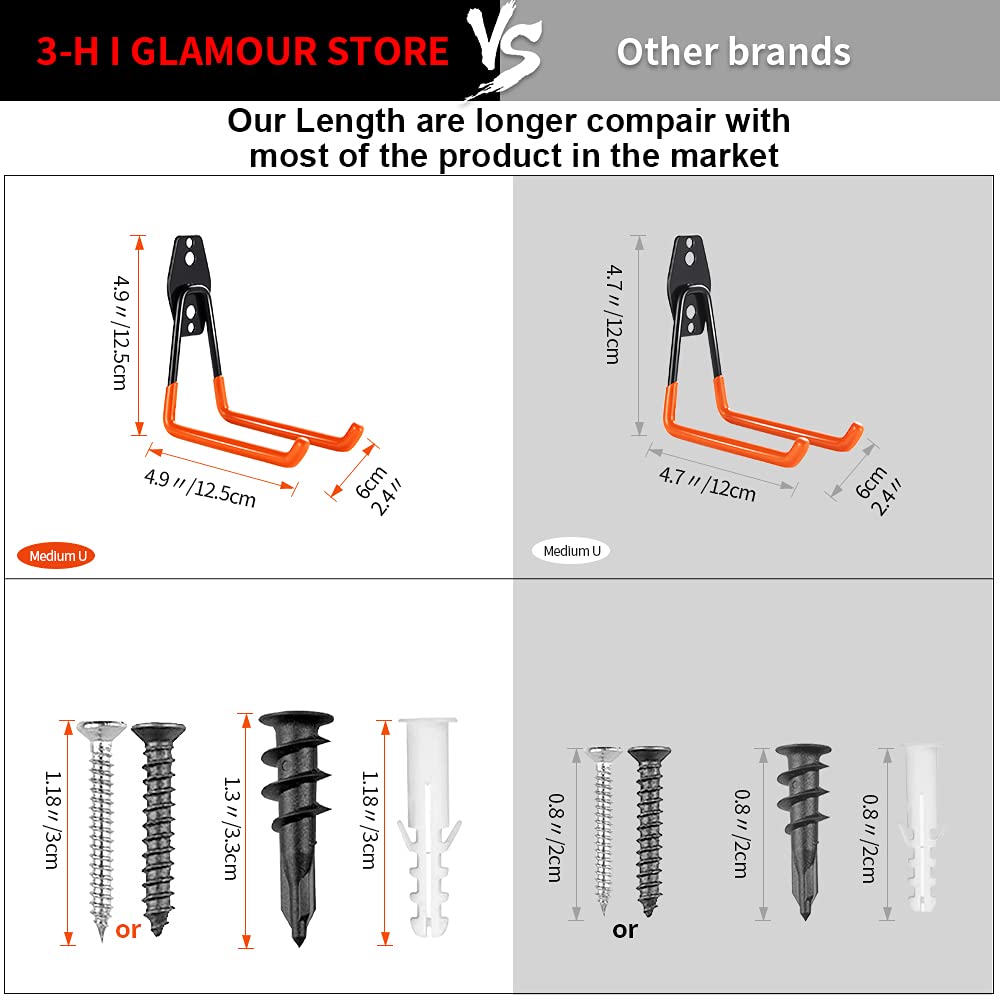 3-H Heavy Duty Garage Hooks [10 Pack] - 3-Round Welding Tech Holds 22lbs More - Thickened Steel Wall Mount for Ladders, Tools & Storage - Rustproof Utility Hardware