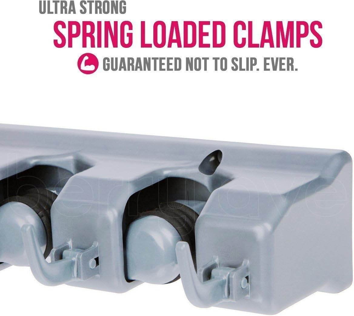 Berry Ave Broom Holder Wall Mount and Garden Tool Organizer, Closet Storage, Kitchen Rack, Home Organization and Garage Organizer for Rake or Mop Handles Up to 1.25-Inches, Hanger Plus 6 Hooks (Grey)