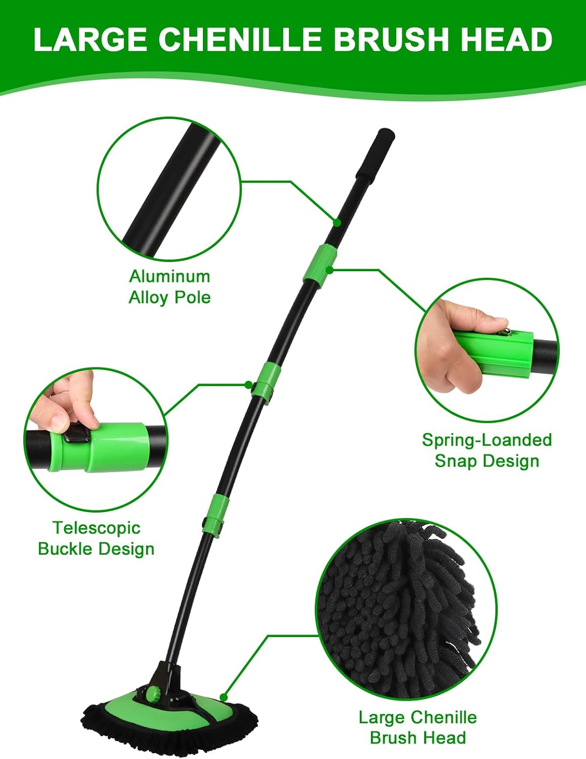 53" 15° Curved Car Wash Brush with Long Handle High Density Chenille Soft Bristle Brush Head Suitable for Cleaning Detail Roof Wheel Windshields Truck SUV RV Window