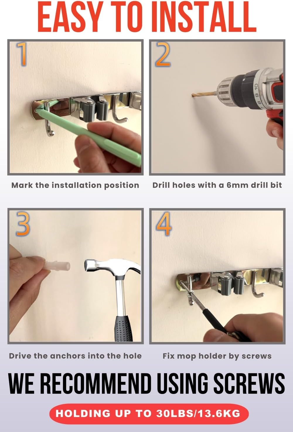 2 Pack Mop and Broom Holder Wall Mount, Upgraded Broom Hanger Wall Mount, Stainless Steel Broom Organizer for Closet Garage Laundry Room Kitchen Wall Decor Black 5R4H