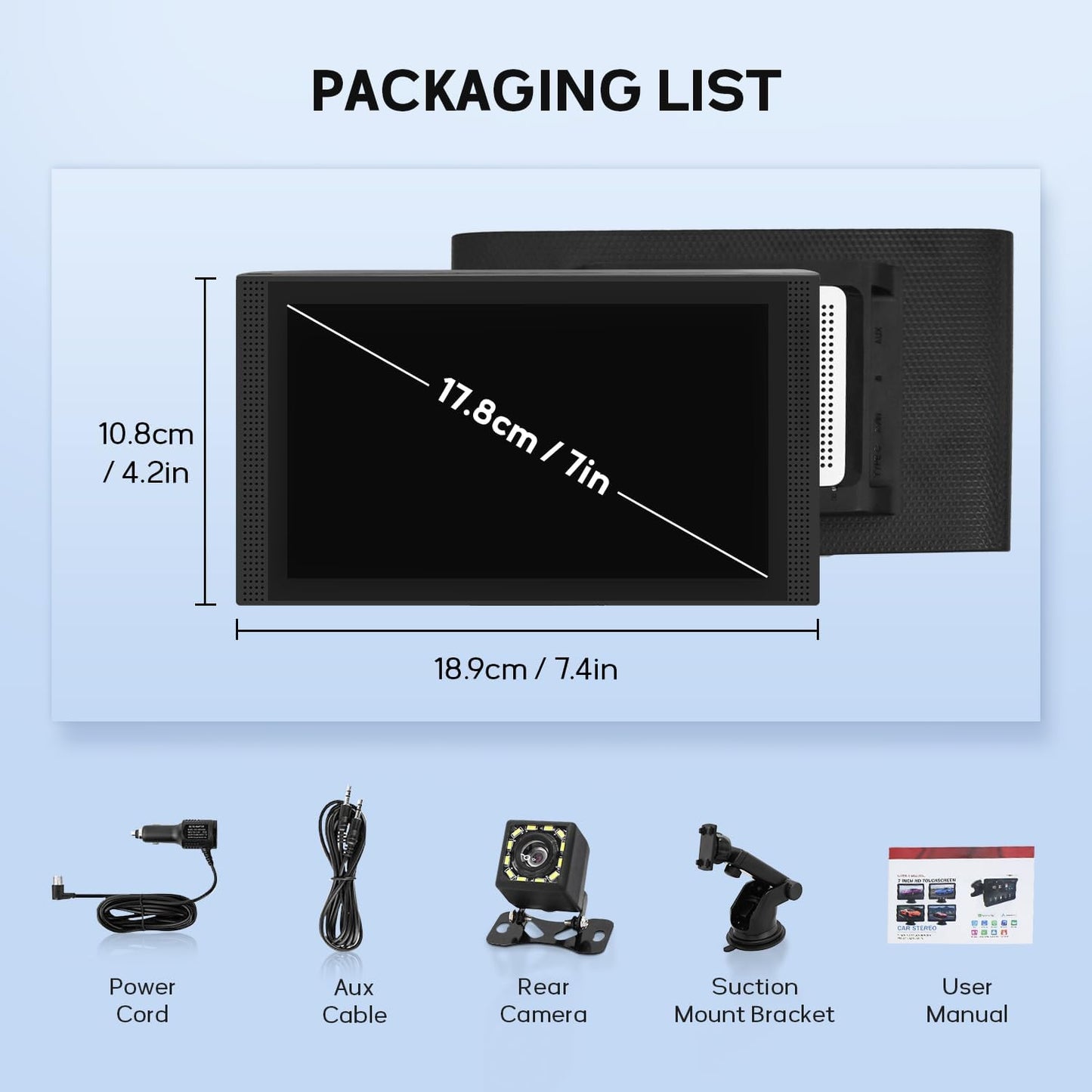 Wireless Apple Carplay Screen for Car Android Auto, 7" HD Touch Screen Car Stereo with Mirror Link, Bluetooth 5.2, Backup Camera, AUX,FM Transmitter for All Vehicle