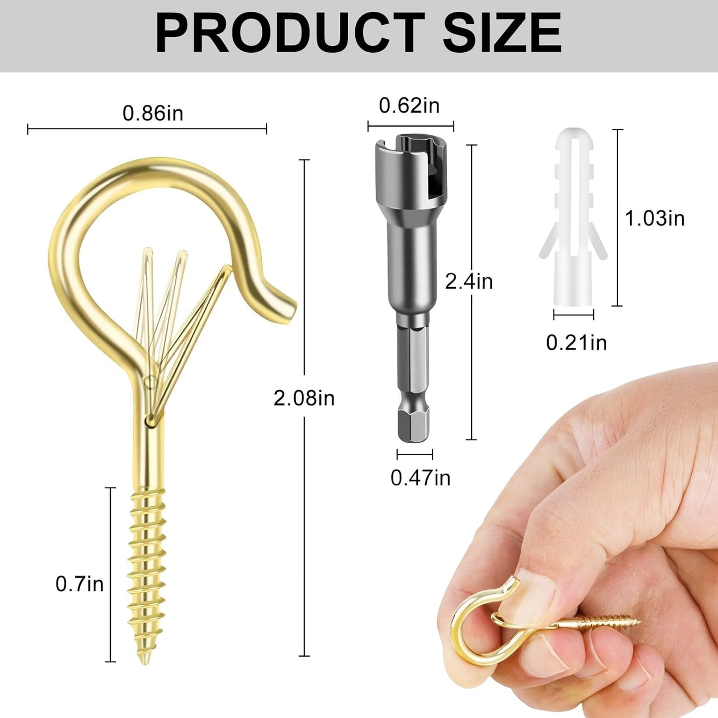 24 PCS Q-Hanger Hooks, Screw Hooks for Outdoor String Lights, Safety Buckle Design Cup Eye Hook for Hanging Christmas Lights, Plants, Mounted on Wall Ceiling, Include 1 Wing Nut Driver, Gold