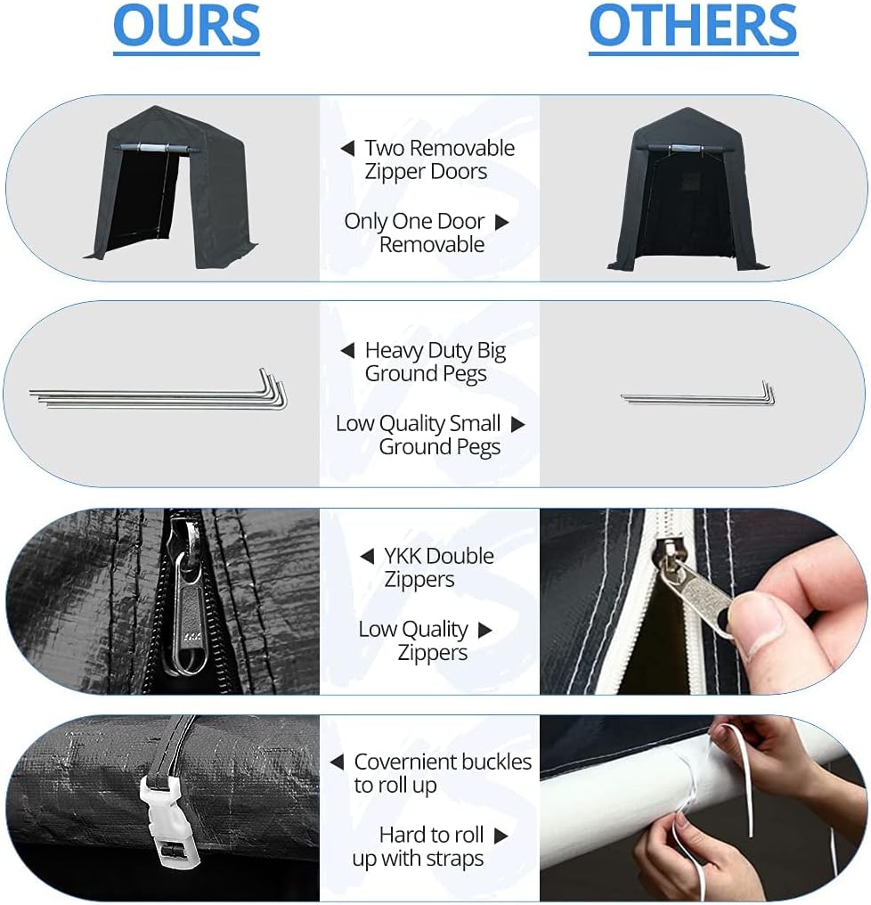 ADVANCE OUTDOOR 6x8 ft Outdoor Portable Storage Shelter Shed with 2 Roll up Zipper Doors & Vents Carport for Motorcycle Waterproof and UV Resistant Portable Garage Kit Tent, Gray