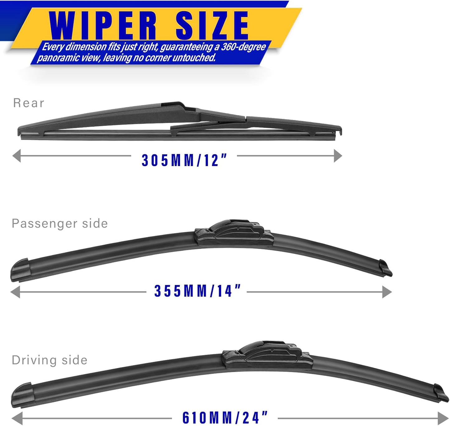 3 wipers Replacement for 2012-2019 Fiat 500, Windshield Wiper Blades Original Equipment Replacement - 24"/14"/12" (Set of 3) U/J HOOK