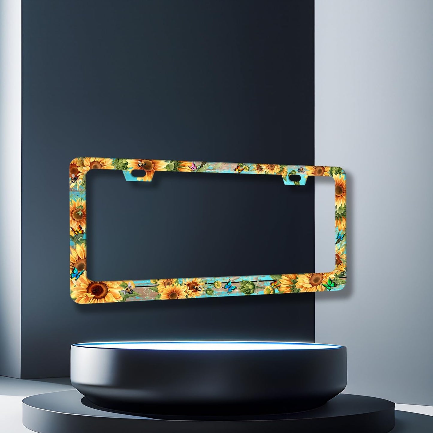 Butterfly Sunflower License Plate Frame Wooden Board Flowers Animals License Plate Holder Stainless Steel Front and Rear Car Tags Auto Parts Colorful License Plate Decoration with Screws 12.2" x 6.2"