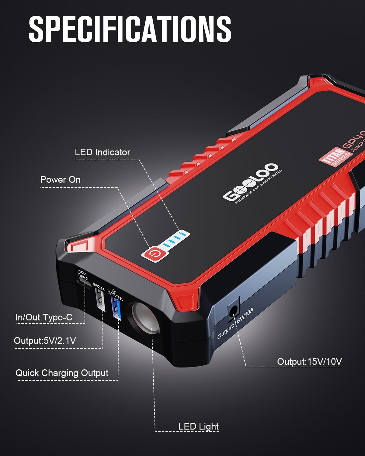 GOOLOO GP4000 4000A Peak Car Battery Jump Starter, Portable Battery Booster for Up to All Gas or 10L Diesel Engine, SuperSafe 12V Lithium Jump Box Power Pack with Jumper Cable,Red