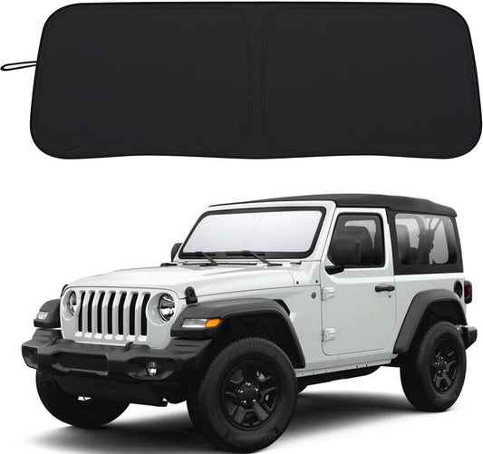 Premium Windshield Sun Shade for 2018-2025 Jeep Wrangler JL JLU & 2020-2025 Jeep Gladiator, Reflective 310T Material Front Window Sun Visor Blocks UV Rays Foldable Sunshade with Storage Pouch