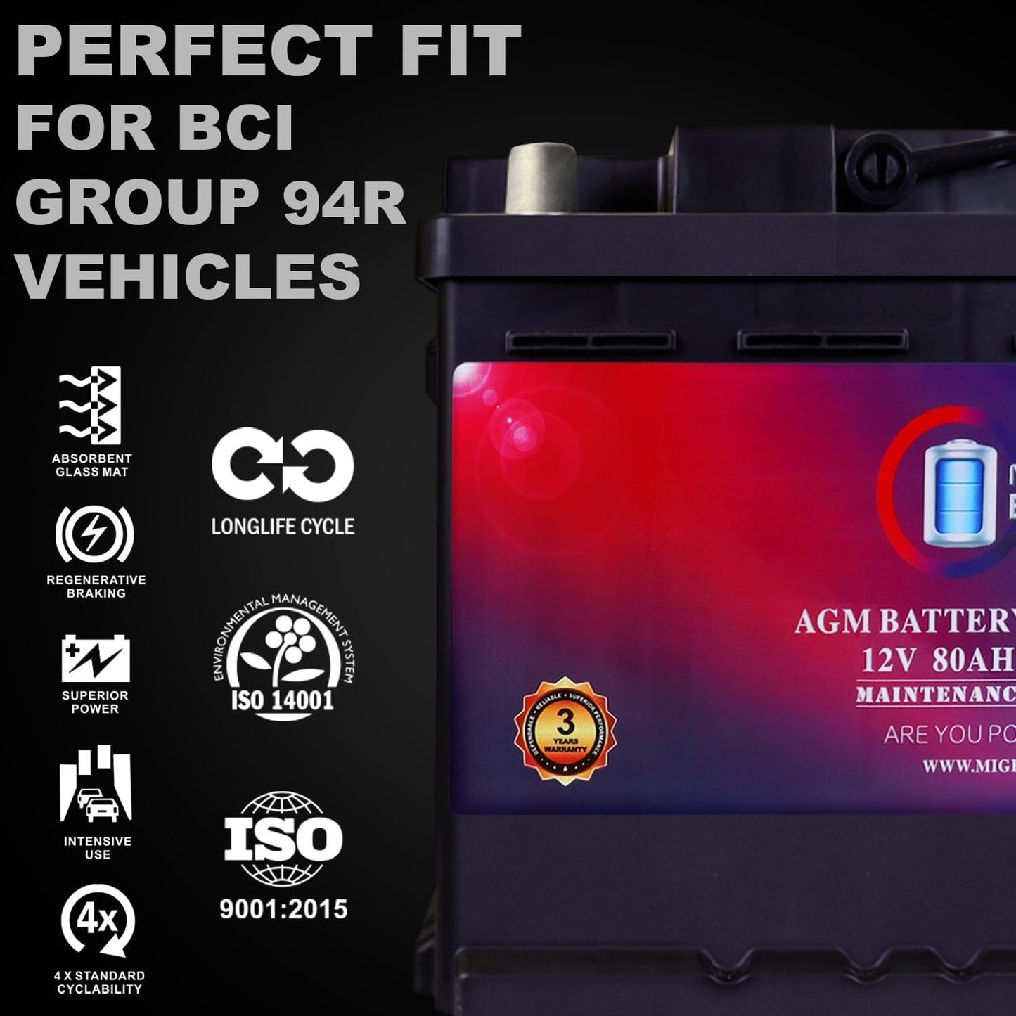 Mighty Max Battery MM-H7 Start and Stop Car BCI Group Size 94R 12V 80AH, 140RC, 850 CCA Rechargeable AGM Car Battery