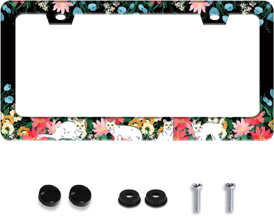 Personalized License Plate Frame Cat Flowers Stainless Steel Accessory Pet License Plate Holder Funny Car Decorative 2 Holes Screws Fits Us Standard License Plates 12.2 X 6.3 in for Men Women