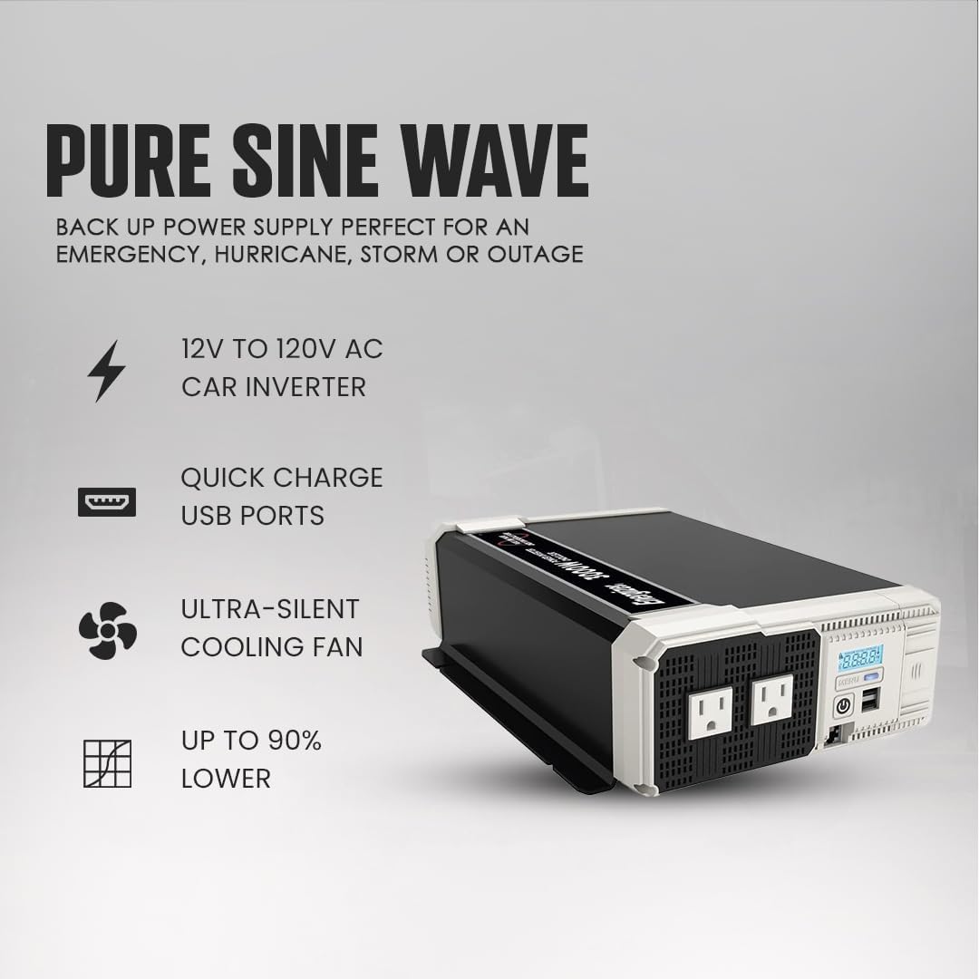 Energizer 3000W Pure Sine Wave Inverter 12V DC to 120V AC Converter for RV, Truck, Off-Grid Solar Power Inverter 12V to 110V W/QC 3.0A Each USB Port, AC Hardwire Port, Remote Cables Fuse Included