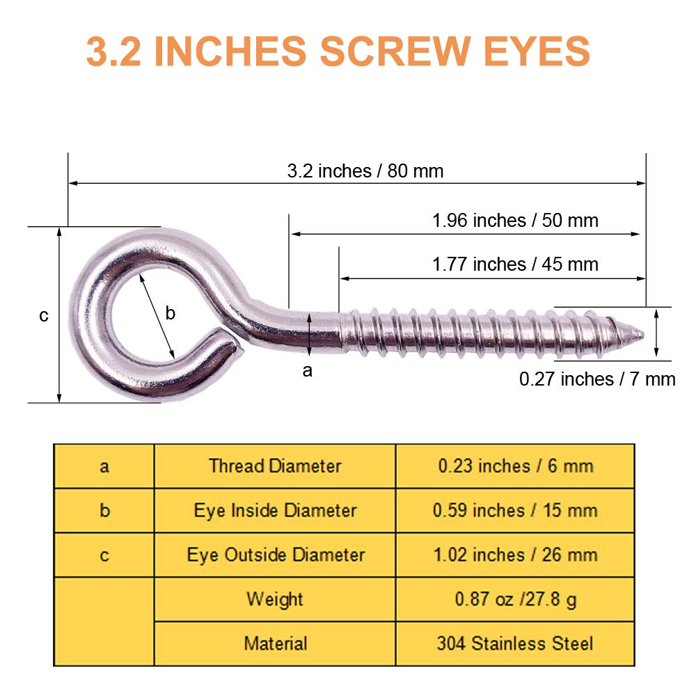 12-Pack 304 Stainless Steel Screw Eyes, Heavy Duty Screw in Eye Hooks Ring for Yoga, Swing Chair, Indoor & Outdoor, Self Tapping, 3.2"