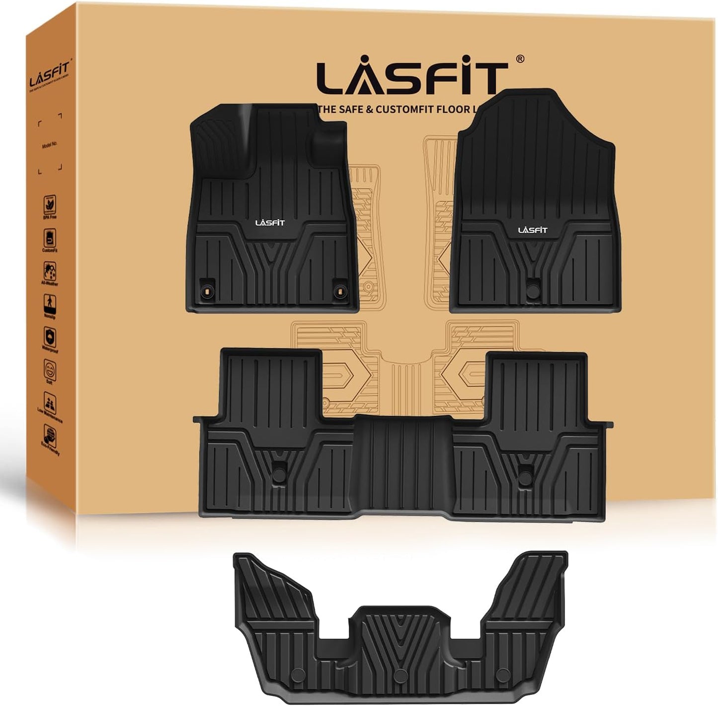 LASFIT Floor Mats for Honda Pilot 2023 2024 2025 (7&8 Seats), All Weather Custom Fit TPE Odorless Anti-Slip Floor Liner 1st & 2nd & 3rd Row, Black