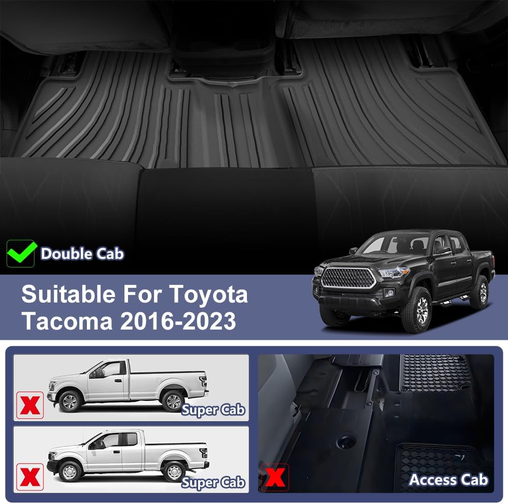 TPE Car Floor Mats for Toyota Tacoma 2016-2023 Double Cab (Only for Automatic), Custom Fit Carpet Floor All Weather Truck Mats - Front and Rear Row, 3PCS