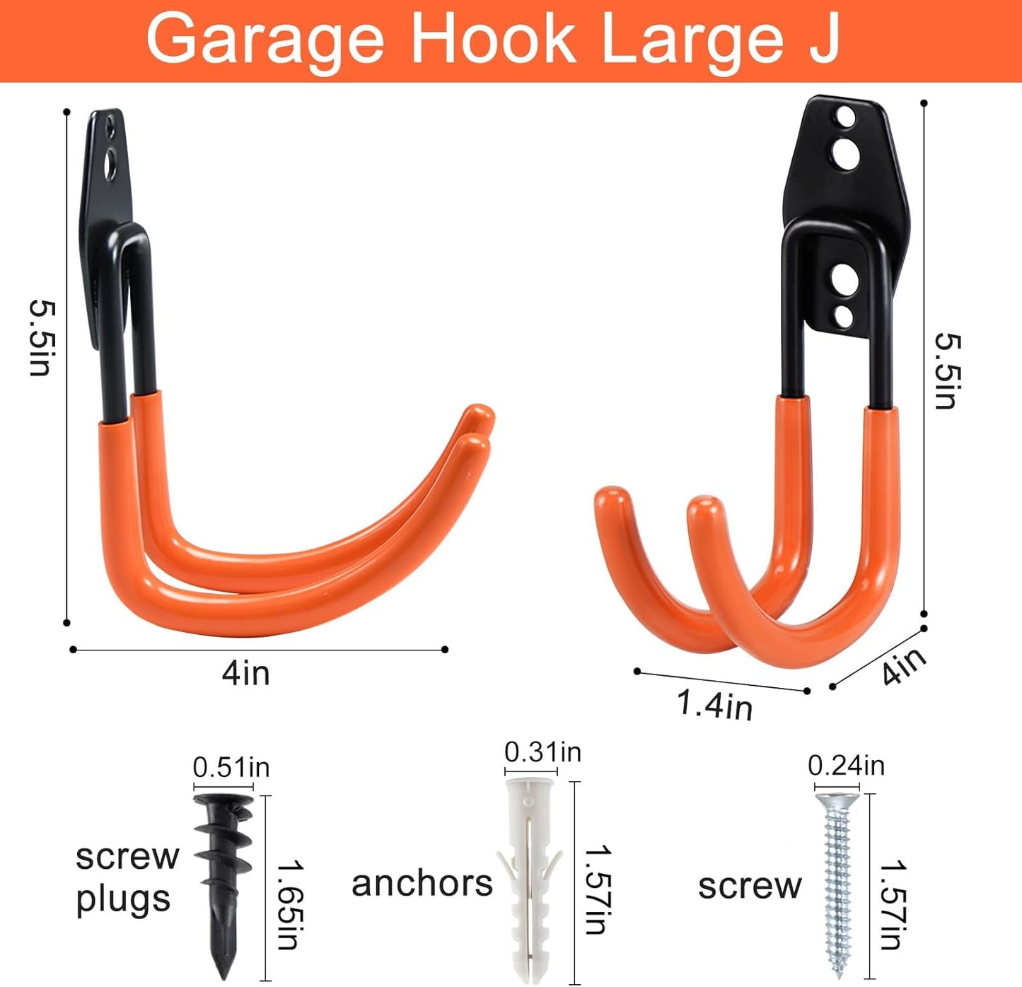 AOBEN Garage Hooks Heavy Duty, Steel Garage Storage Hooks, Utility Tool Hangers and Combinable Wall Mount for Organizing Ladders, Bikes, Hoses, and More Equipment (Large J, 4 Pack)