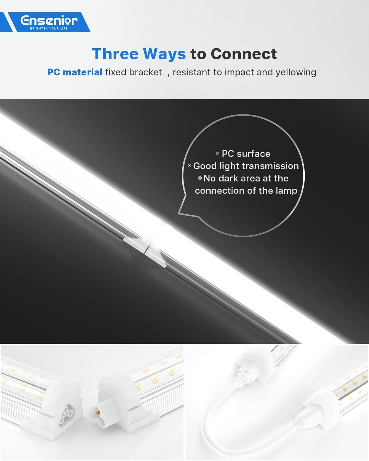 Ensenior 4 Pack 8 FT Led Shop Lights, 6000K Clear White, 10000LM Super Bright, 72W Equivalency 936W, Commercial Bay Lighting, U-Shaped Linkable Shop Lights Plug in for Garage, Workshop, FCC Certified