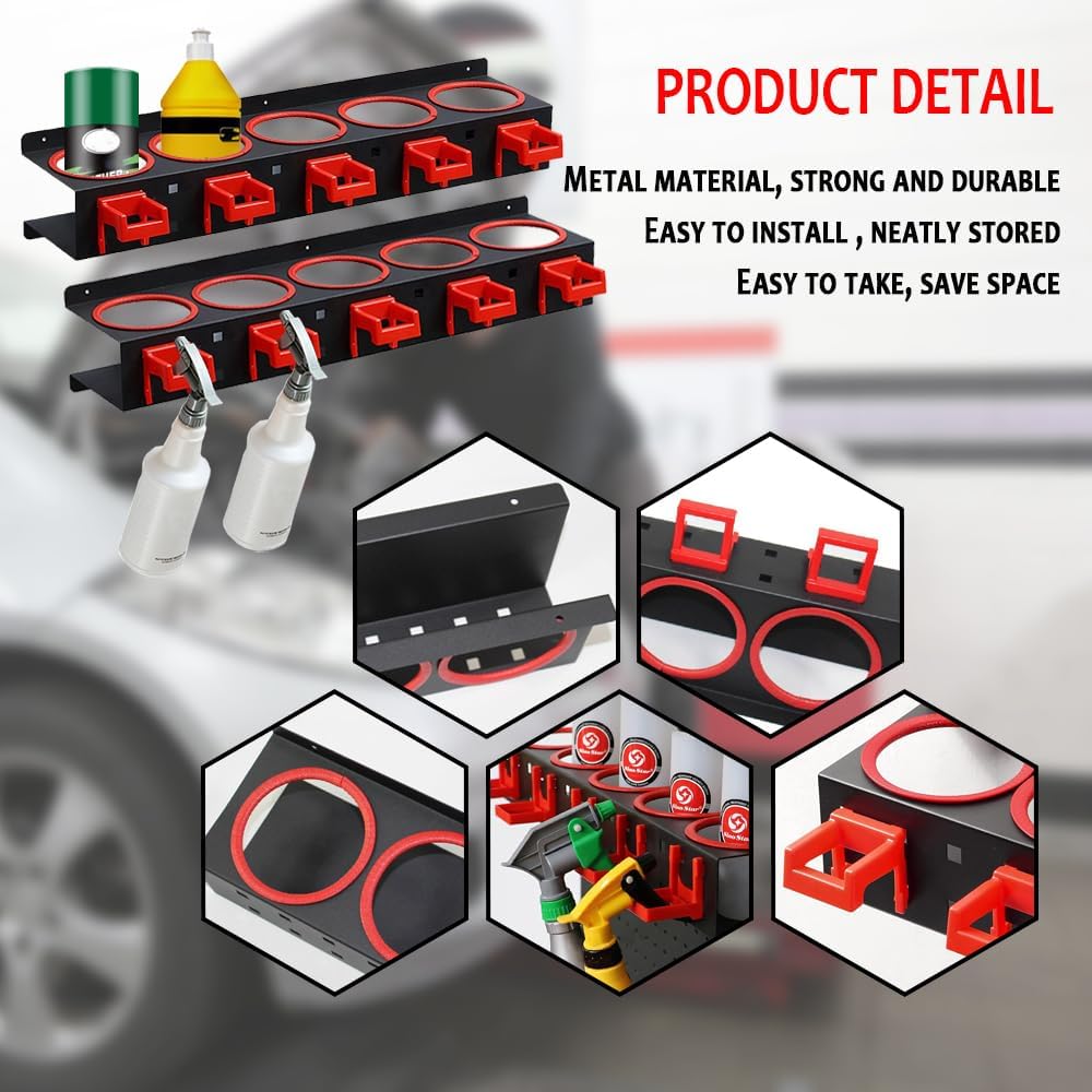 Wall Mounted Spray Bottle Holder, 2 Pack Spray Can Holder, Spray Bottle Storage Rack, Garage Bottle Organizer with Car Cleaning Brush Kit, Aerosol Can Organizer for Garage Car Beauty Accessory