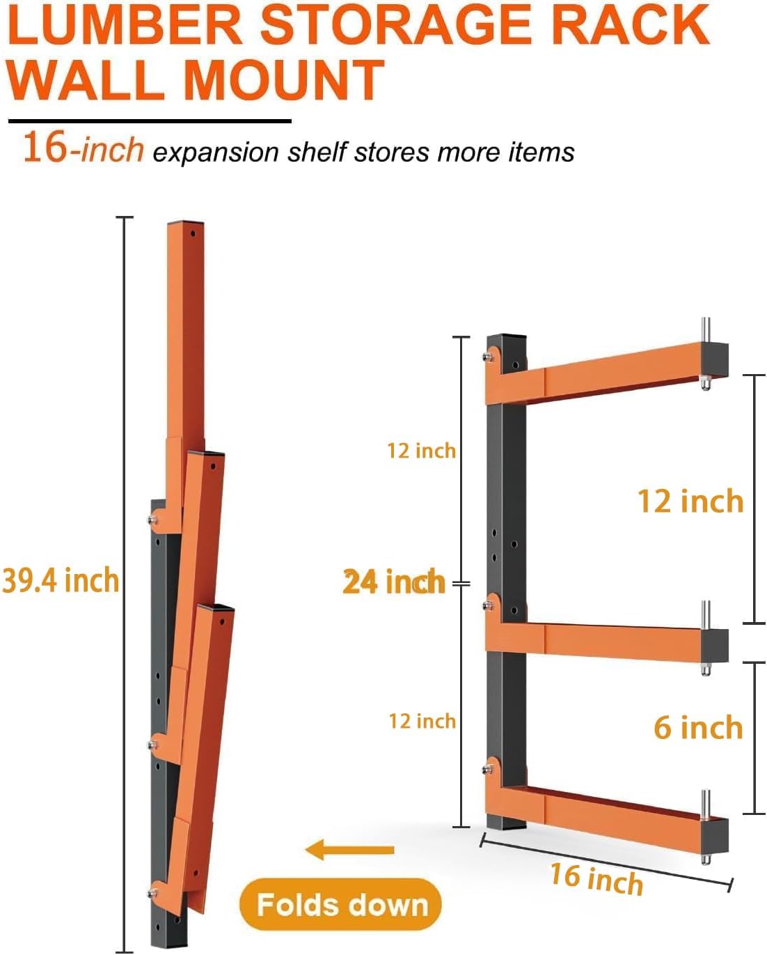 Lumber Rack Heavy Duty Wood Racks Wall Mount Folding Lumber Storage Racks with 3-Level Holds Up 360 LBS Sturdy Folding Garage Wood Organizer Orange Shelving Metal Shelf for Indoor & Outdoor- 2 Pack