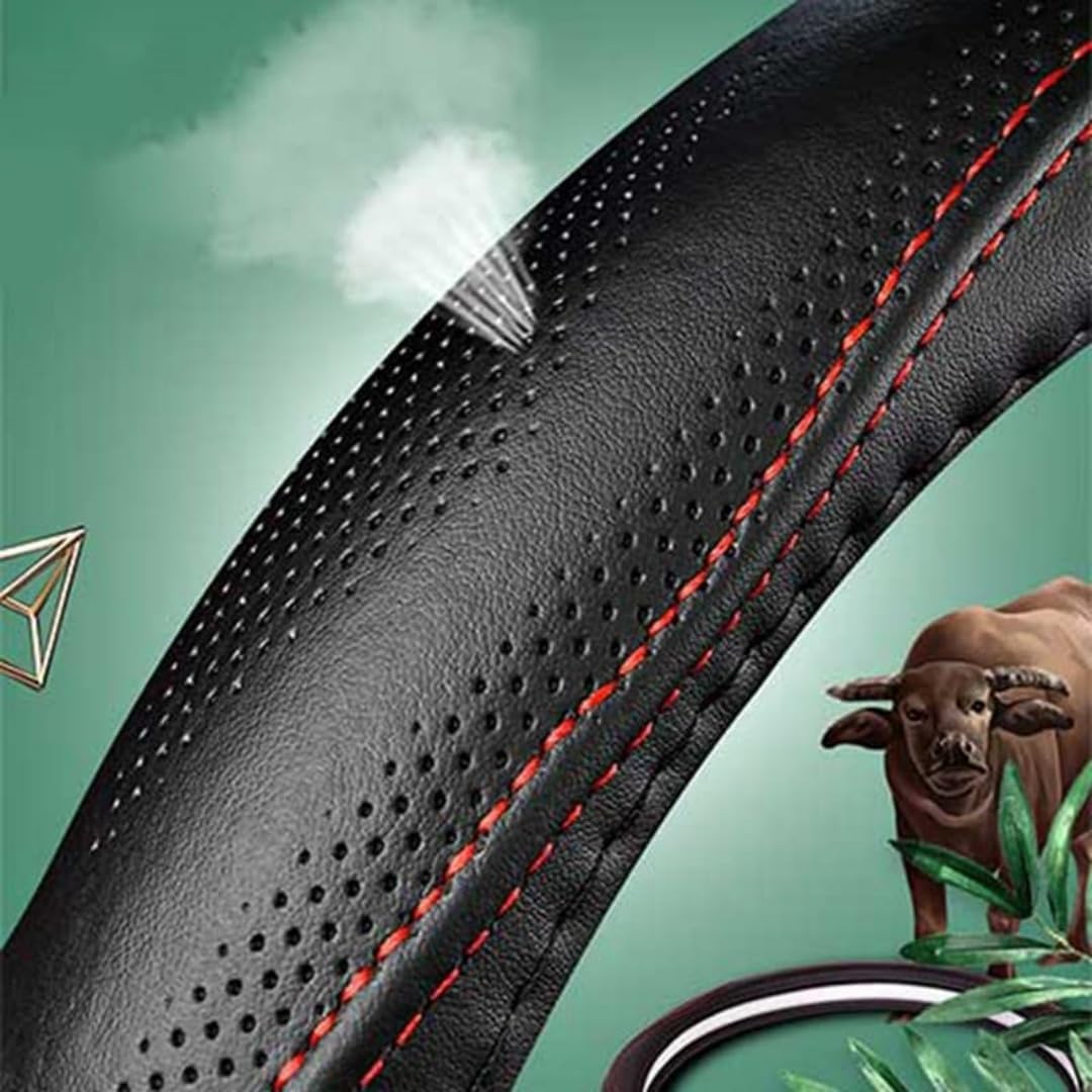Cowhide Steering Wheel Cover Heat Resistant Anti-Slip Car Wheel Wrap Compatible with Most Makes and Models of Cars and Trucks with 14.5 to 15 Inch Steering Wheel(Black)
