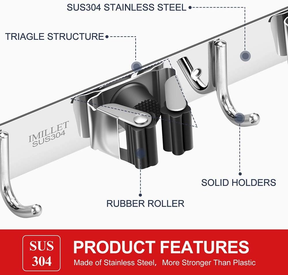 IMILLET Broom Holder Wall Mounted, Stainless Steel Broom and Mop Holder Self Adhesive Broom Organizer Heavy Duty Hooks Storage Organizer for Home Laundry Room Garden Garage Closet Kitchen (1 Pack)