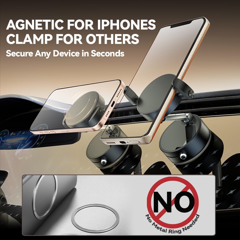 2025 Upgraded Foldable 2-in-1 Clip & Vacuum Magnetic Suction Car Phone Holder Mount, 360° Adjustable Universal Dashboard & Windshield Stand for iPhone 16/15/14/13/12 & Android Phones (Black)