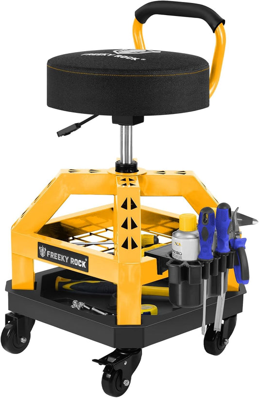 Rolling Shop Stool with Wheels, Heavy Duty Garage Work Mechanic Stool with Backrest, Adjustable Height 360°Swivel Rolling Chair with Tool Tray Storage, 330 LBS Capacity, Yellow