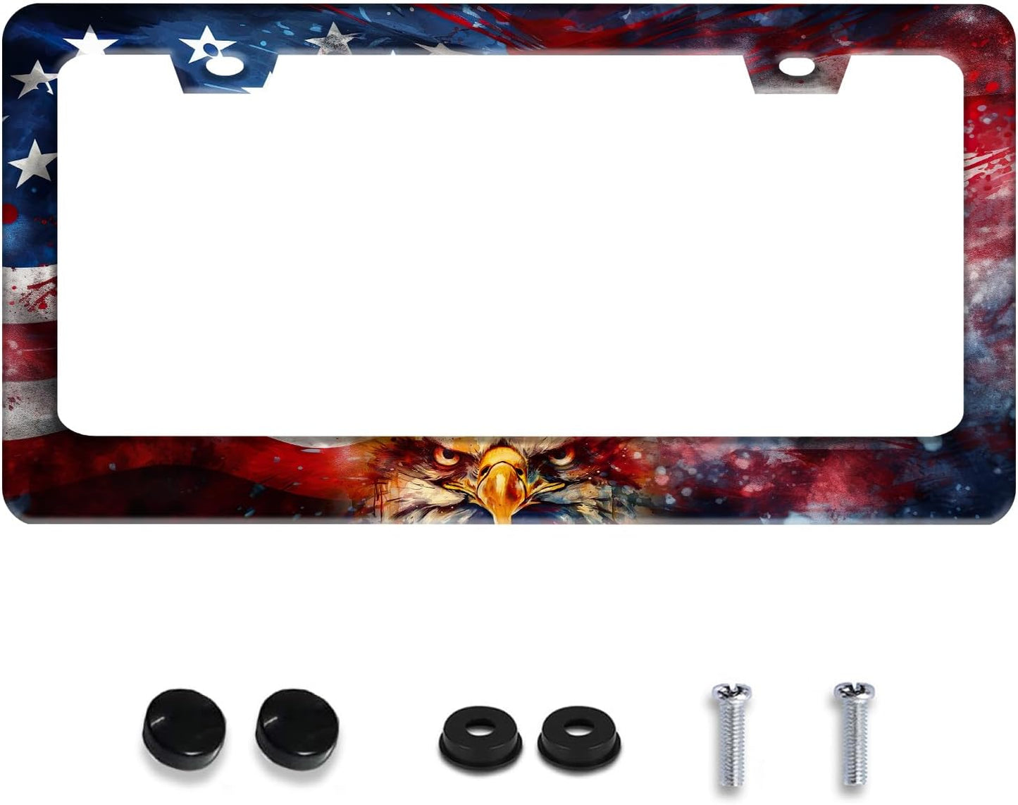 Personalized License Plate Frame American Flag Eagle Stainless Steel Accessory Patriotic Holder Funny Car Decorative 2 Holes Screws Fits Us Standard License Plates 12.2 X 6.3 in for Men Women