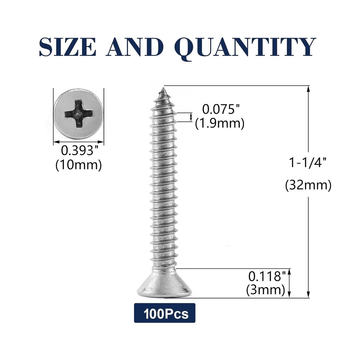 #12 x 1-1/4" Wood Screw 100Pcs 18-8 (304) Stainless Steel Screws Flat Head Phillips Fast Self Tapping Drywall Screws by SG TZH