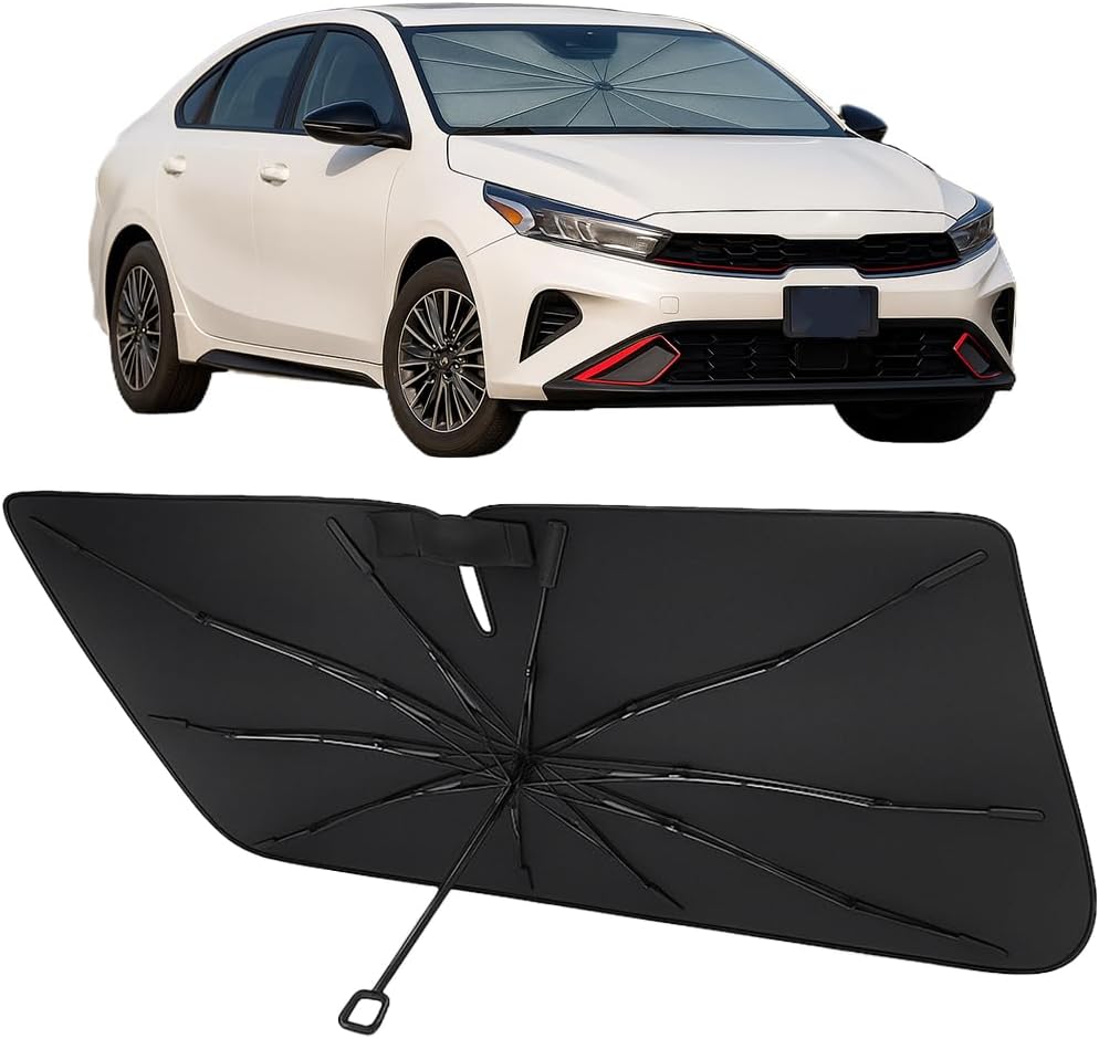 Proadsy Windshield Sun Shade Umbrella for Kia Forte 2019-2025 Foldable Car Umbrella Sunshade with Soft TPU Handle Spring Structure Crystal Cooling Material Protect Car from Rays & Heat