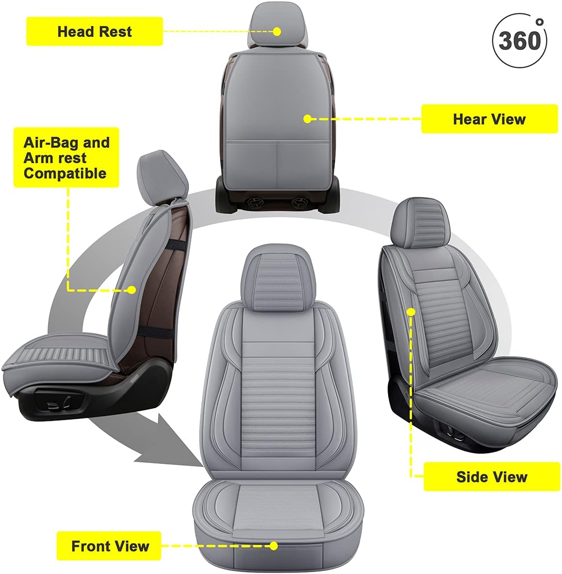 LINGVIDO Car Seat Covers, Breathable and Waterproof Faux Leather Automotive Seat Covers for Cars SUV Truck Sedan,Universal Driver Seat Cover with Backrest (Front Seat, Gray)