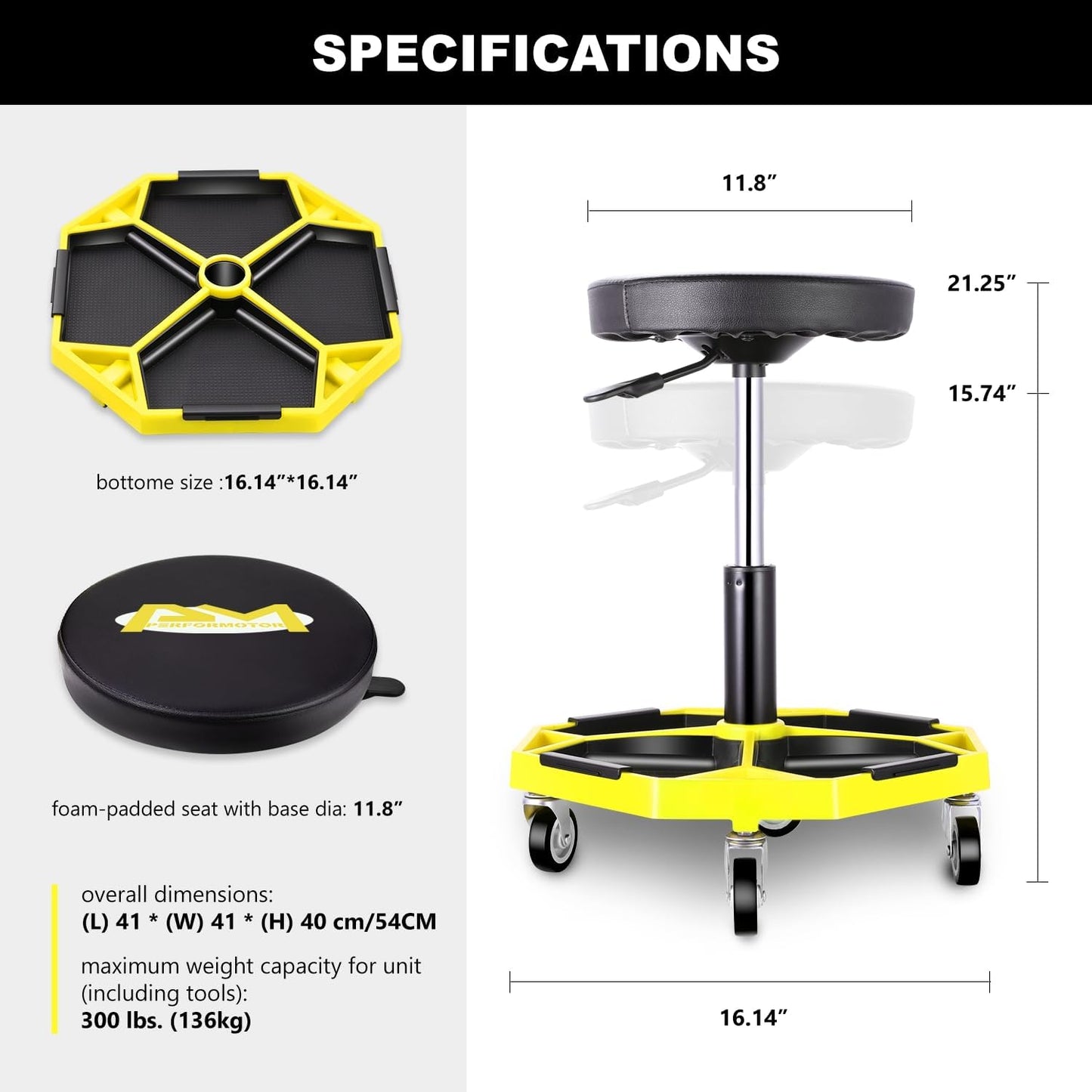 PM PERFORMOTOR Adjustable Height Pneumatic Garage Seat Rolling Mechanic Stool with Tool Tray Storage,300lbs Max Weight Capacity, Yellow,PM-TOL-ATS-YL