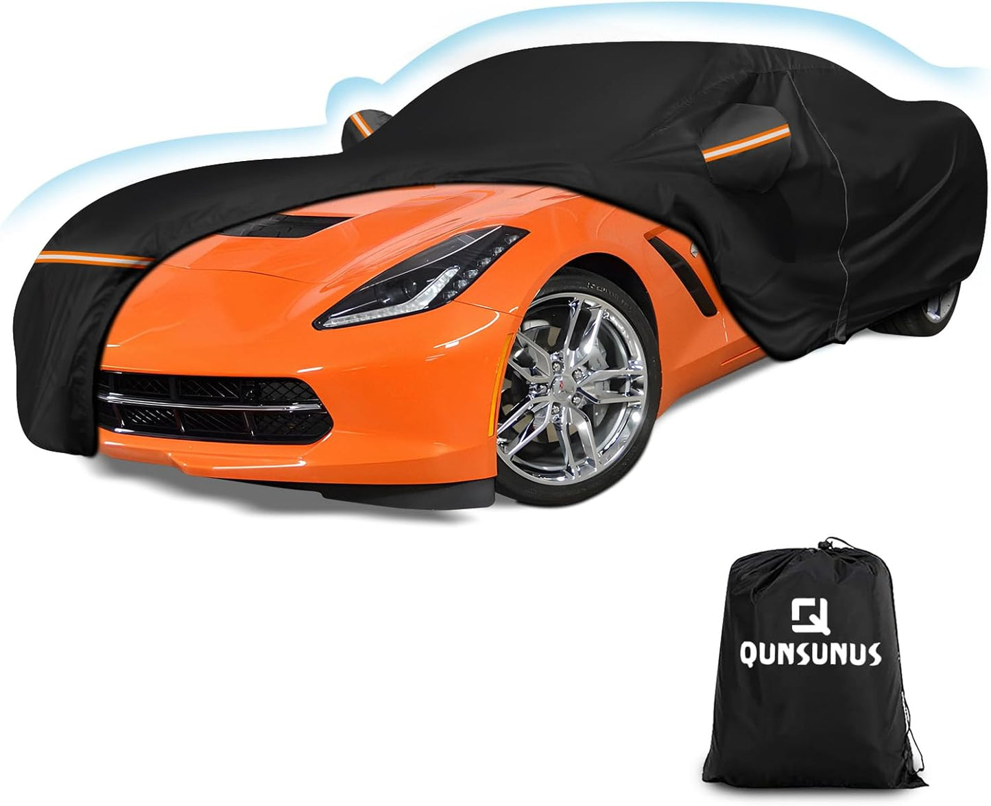 QUNSUNUS Waterproof Car Cover for C7 Corvette 2014-2019, Outdoor Car Covers with Zipper, All Weather Full Exterior Cover with Straps and Elastic Edges for Wind, Sun, UV and Dust Protection