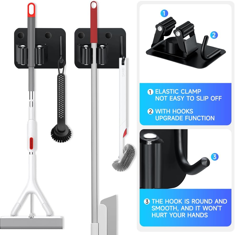2-Pack Broom Holder with Heavy Duty Hooks, Upgraded Stainless Steel Mop Hanger. Wall Mount Utility Tool Rack for Kitchen Garden Laundry Garage. Matte Black.