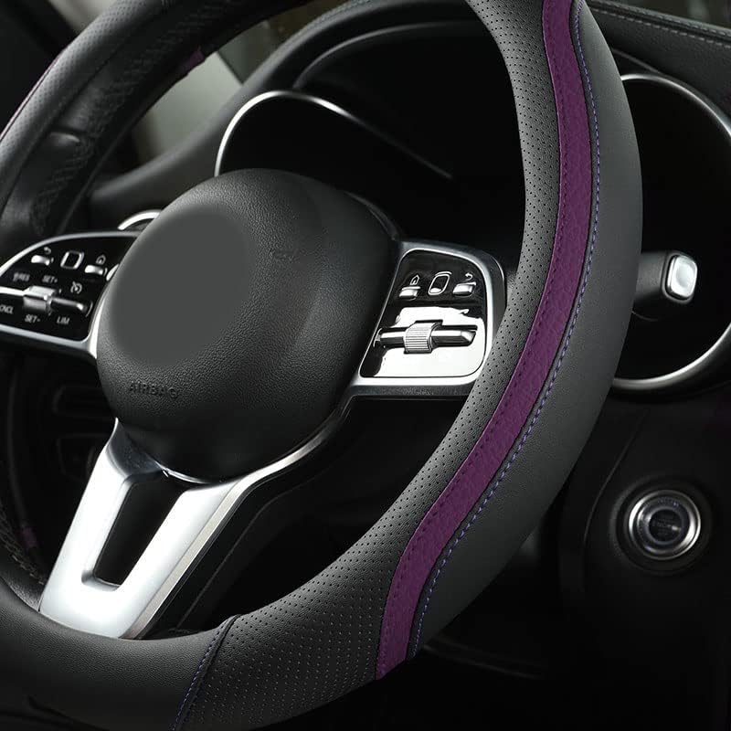 Car Steering Wheel Cover, Leather Steering Wheel Cover Purple Universal 14.5-15 Inch Microfiber Leather Anti-Slip Breathable Auto Steering Wheel Covers for Men Women (Black&Purple)