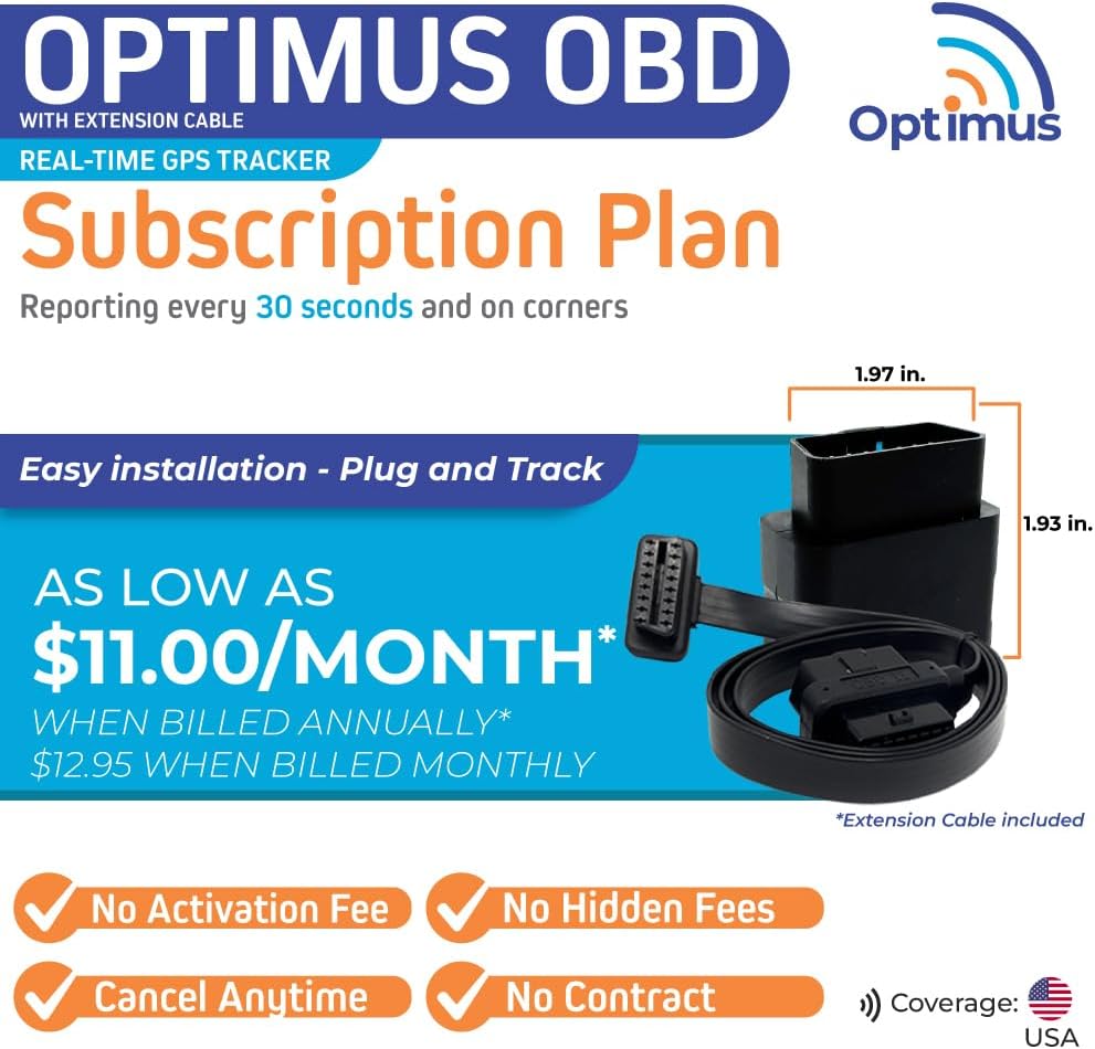 Optimus Plug-in GPS Tracker for Cars - Easy Installation - Harsh Driving Alerts - Reporting History and More - Extension Cable Included