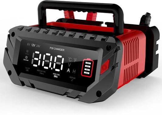 30 Amp Lithium Battery Charger,6V10A/12V30A/24V16A Lifepo4,Lead-Acid(AGM/Gel/SLA..) Smart Car Battery Charger,Battery Maintainer,Trickle Charger, and Battery Desulfator for Car,Boat,Motorcycle