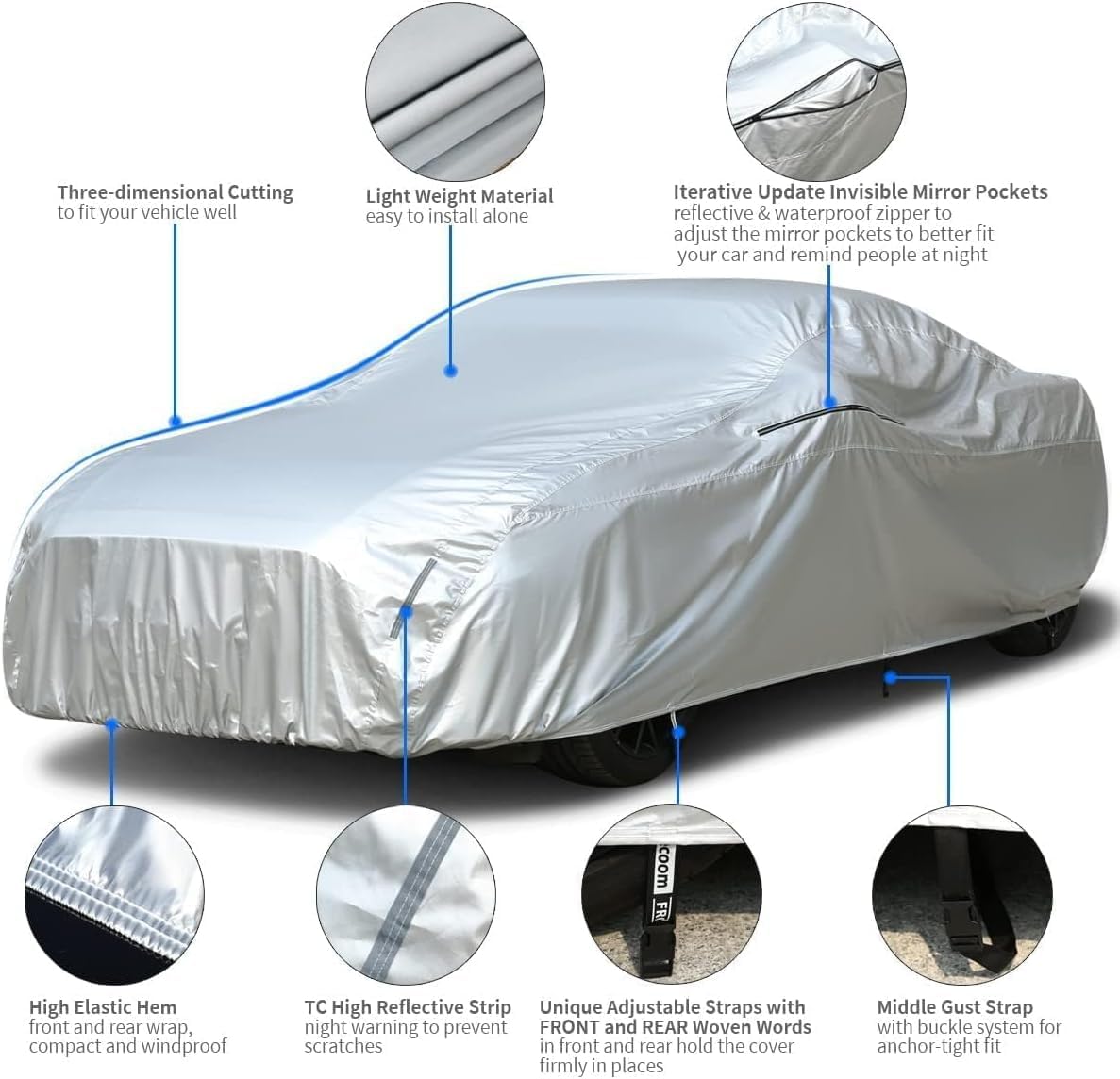 Tecoom Car Cover Waterproof UV-Proof Windproof for All Weather Indoor Outdoor Mirror Pockets Coupe/Convertible/Sport Car Fit for Ford Mustang, Chevy Camaro, 183-193 Inches Length